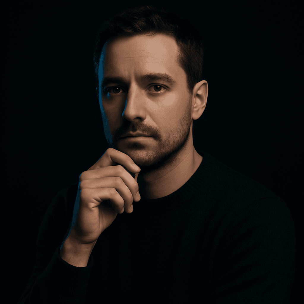 Tiago Jahchan, founder of GLO, photographed in a black sweater against a dark studio backdrop.