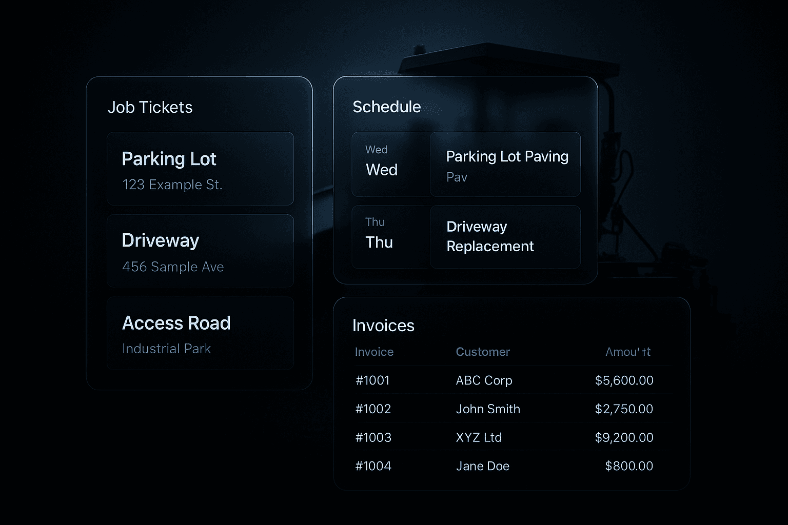 Dark dashboard concept showing job tickets, scheduling cards, and invoice rows in a glassmorphic UI with the silhouette of a paving truck.