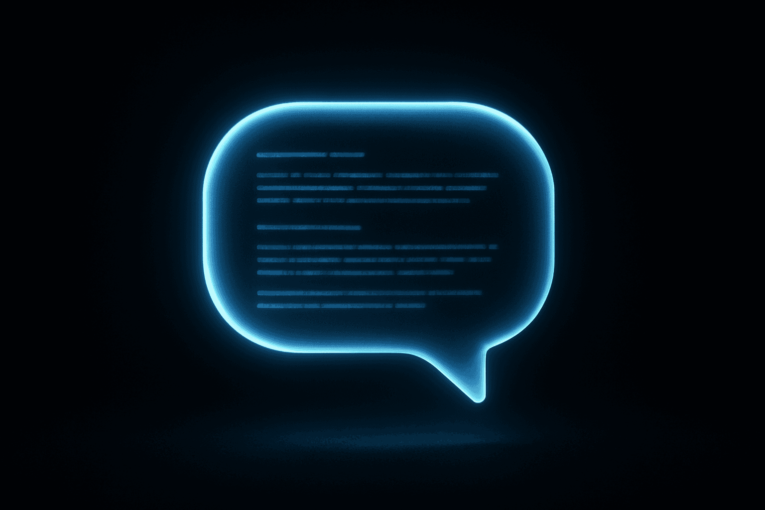 A floating glowing chat bubble made of soft blue light against a deep black background, with thin lines of text streaming through it.