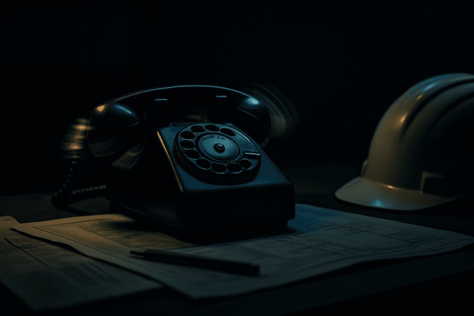 A vintage office phone ringing on a desk in a dim contractor’s office, with papers and a hard hat in the foreground.