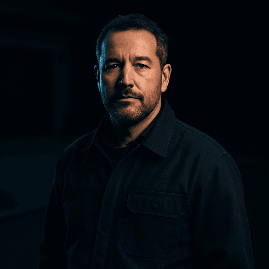 Pierre Chevrier Jr., owner of Ottawa Driveway Experts, photographed in front of a finished asphalt driveway at dusk.